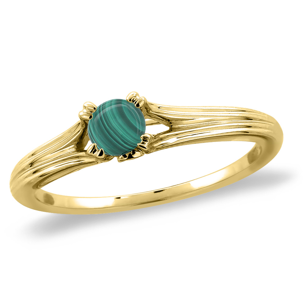 14K Yellow Gold Diamond Natural Malachite Solitaire Engagement Ring Round 5 mm, sizes 5 -10
