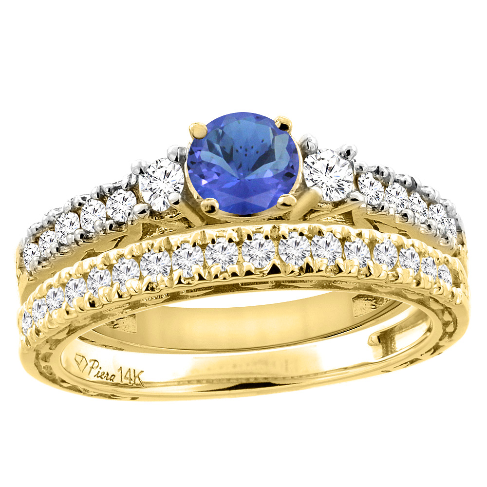 14K Yellow Gold Diamond Natural Tanzanite Engagement 2-pc Ring Set Engraved Round 6 mm, sizes 5 - 10