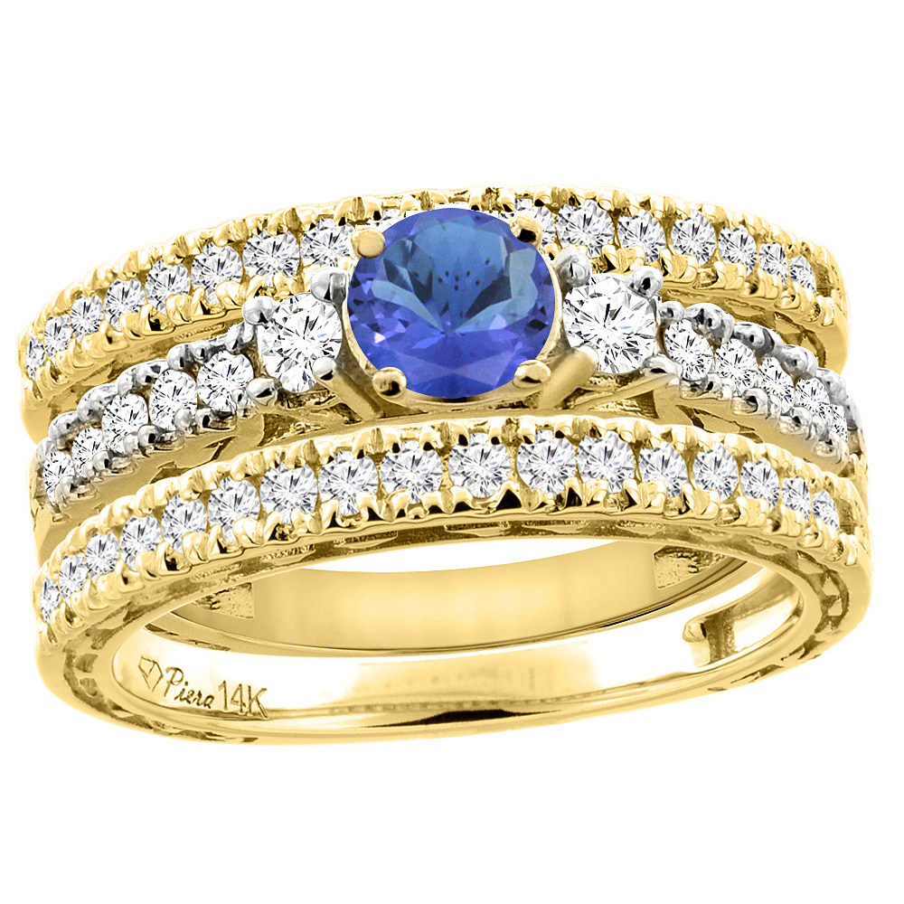 14K Yellow Gold Diamond Natural Tanzanite Engagement 3-pc Ring Set Engraved Round 6 mm, sizes 5 - 10