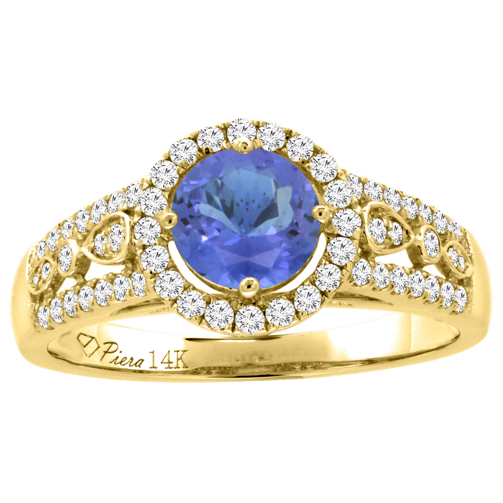 14K Yellow Gold Diamond Natural Tanzanite Engagement Halo Ring Round 7 mm, sizes 5-10
