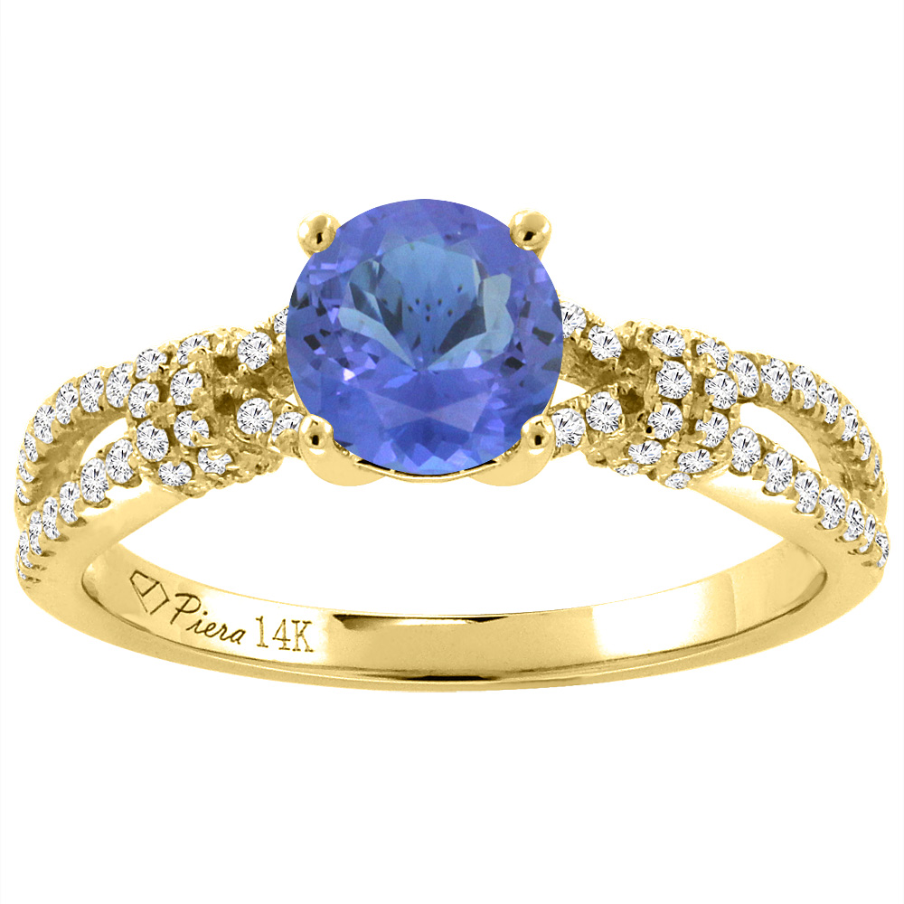 14K Yellow Gold Diamond Natural Tanzanite Engagement Ring Round 7 mm, sizes 5-10