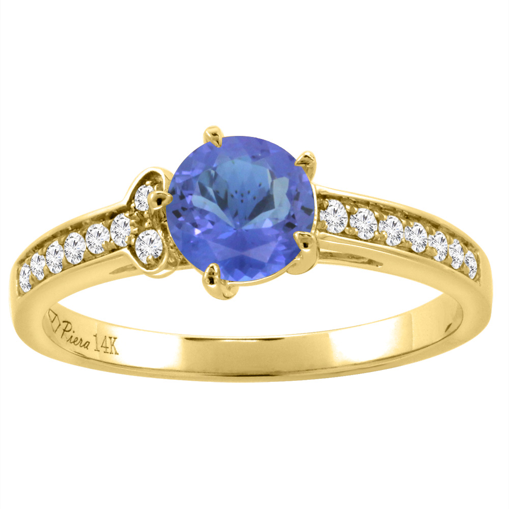 14K Yellow Gold Diamond Natural Tanzanite Engagement Ring Round 7 mm, sizes 5-10