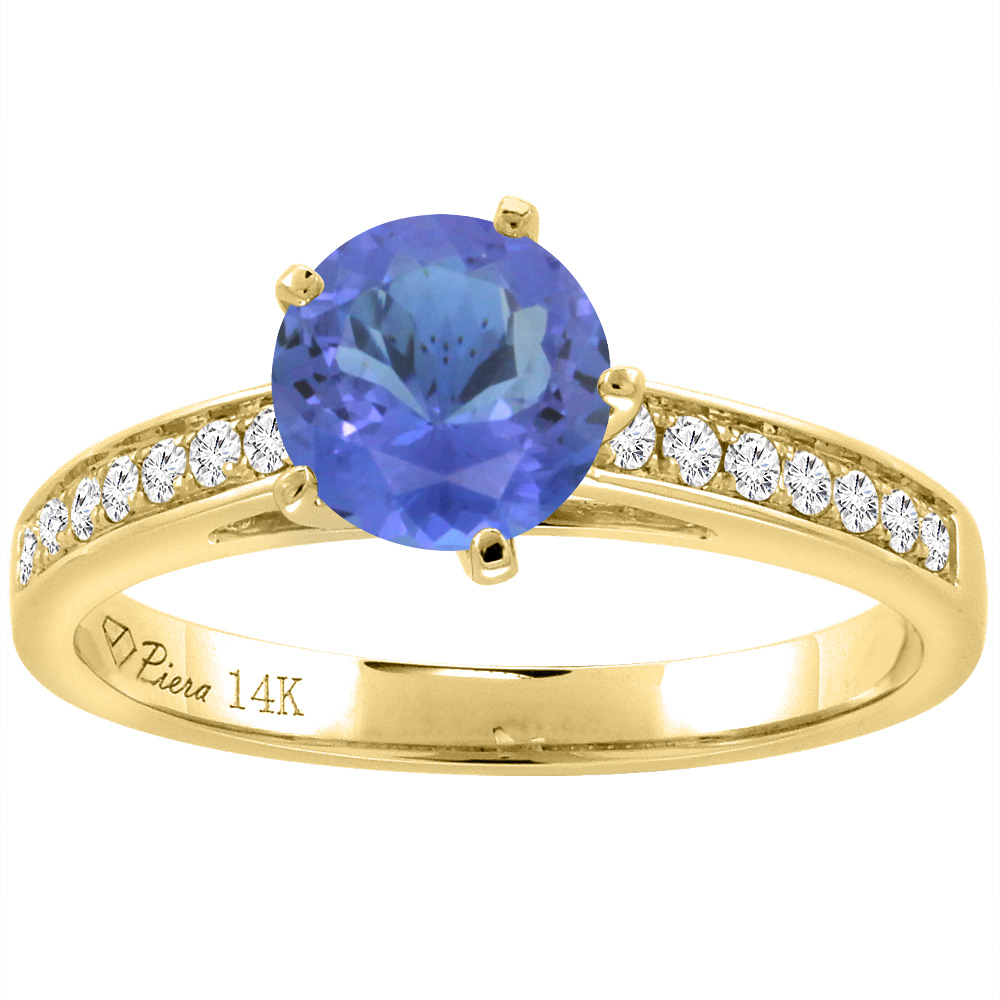 14K Yellow Gold Diamond Natural Tanzanite Engagement Ring Round 7 mm, sizes 5-10