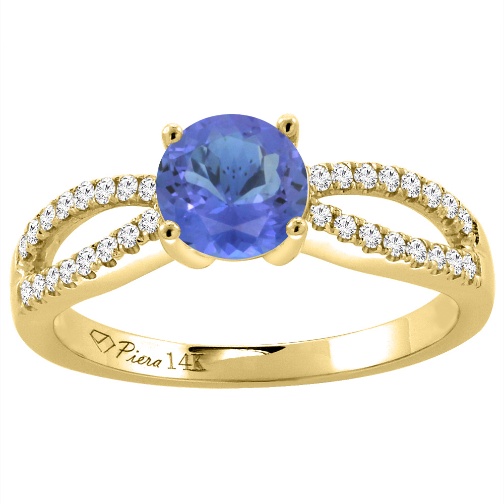 14K Yellow Gold Diamond Natural Tanzanite Engagement Ring Round 7 mm, sizes 5-10