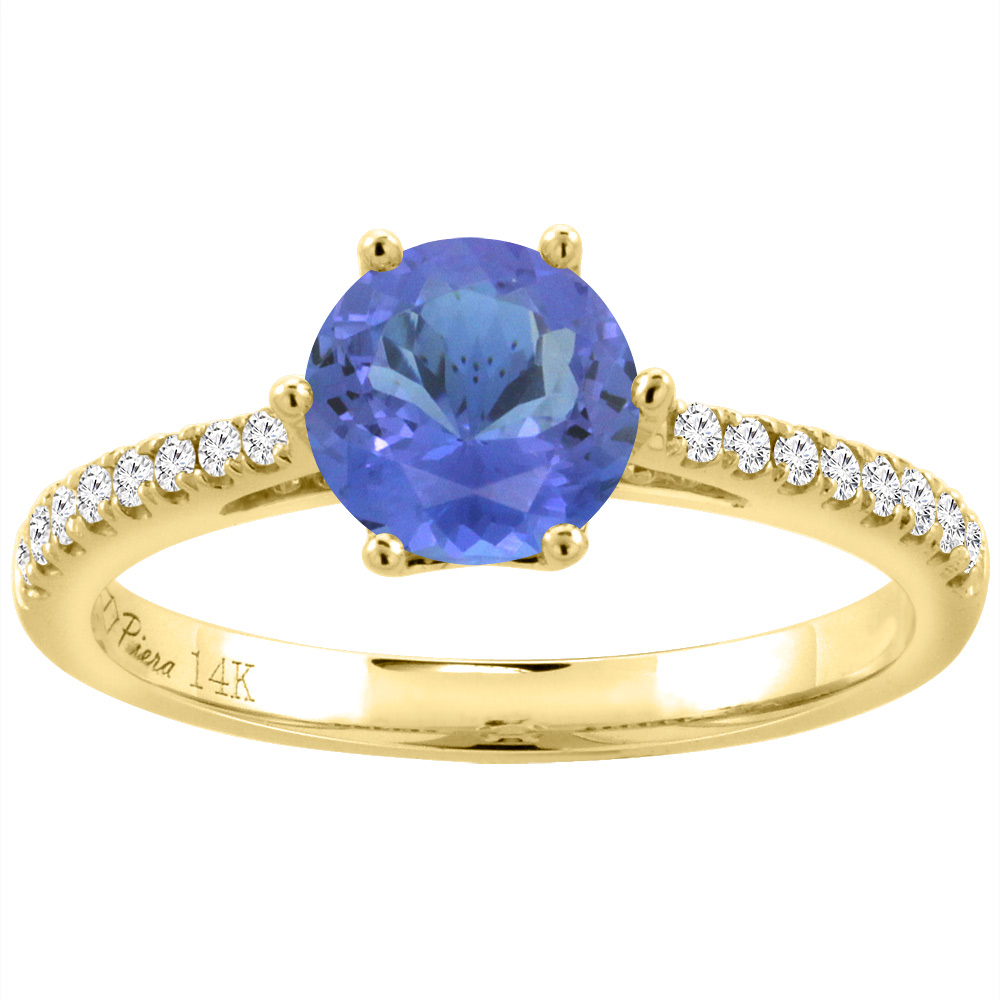 14K Yellow Gold Diamond Natural Tanzanite Engagement Ring Round 7 mm, sizes 5-10