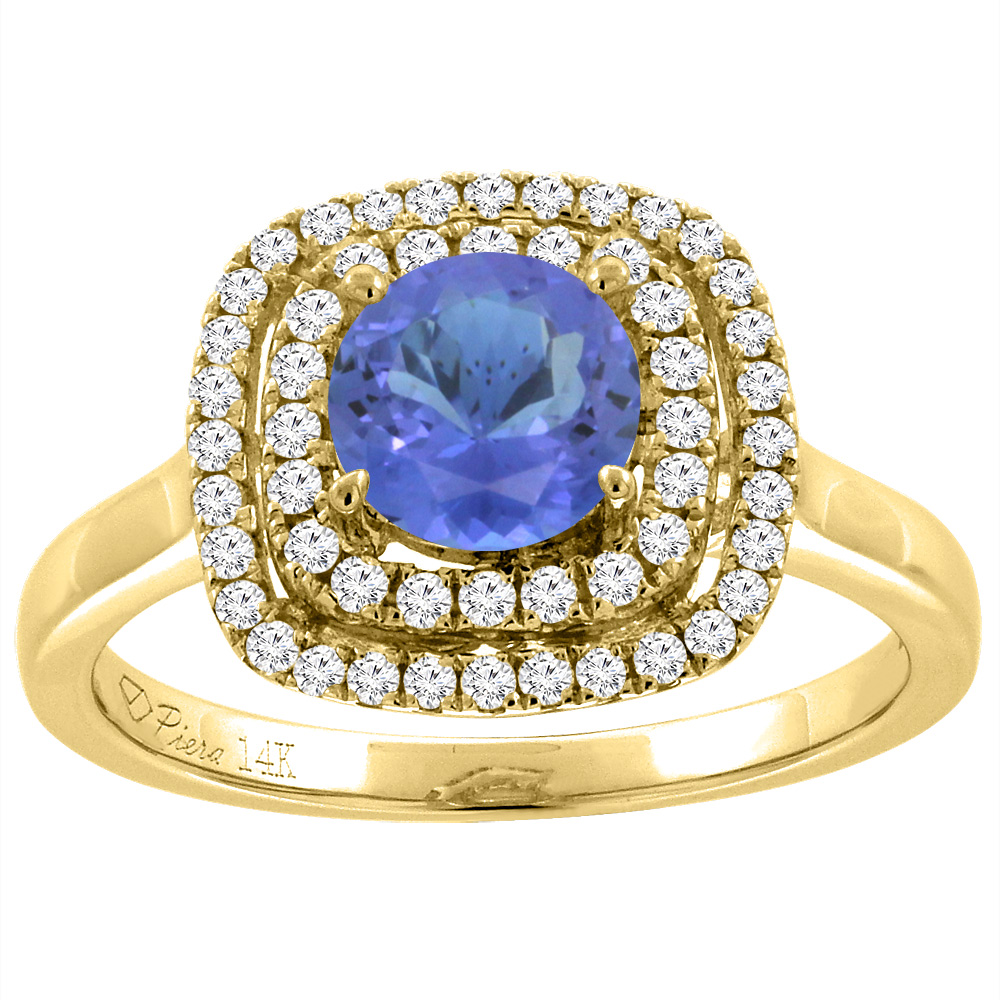 14K Yellow Gold Natural Tanzanite Double Halo Diamond Engagement Ring Round 7 mm, sizes 5-10