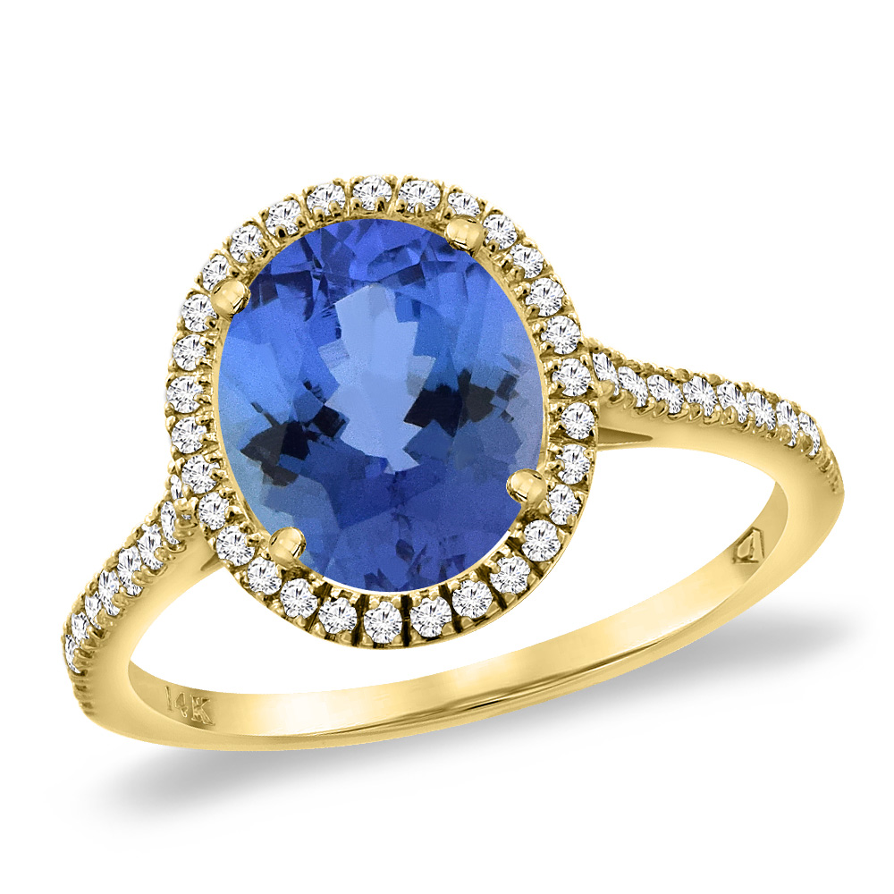 14K Yellow Gold Natural Tanzanite Diamond Halo Engagement Ring 10x8 mm Oval, sizes 5 -10