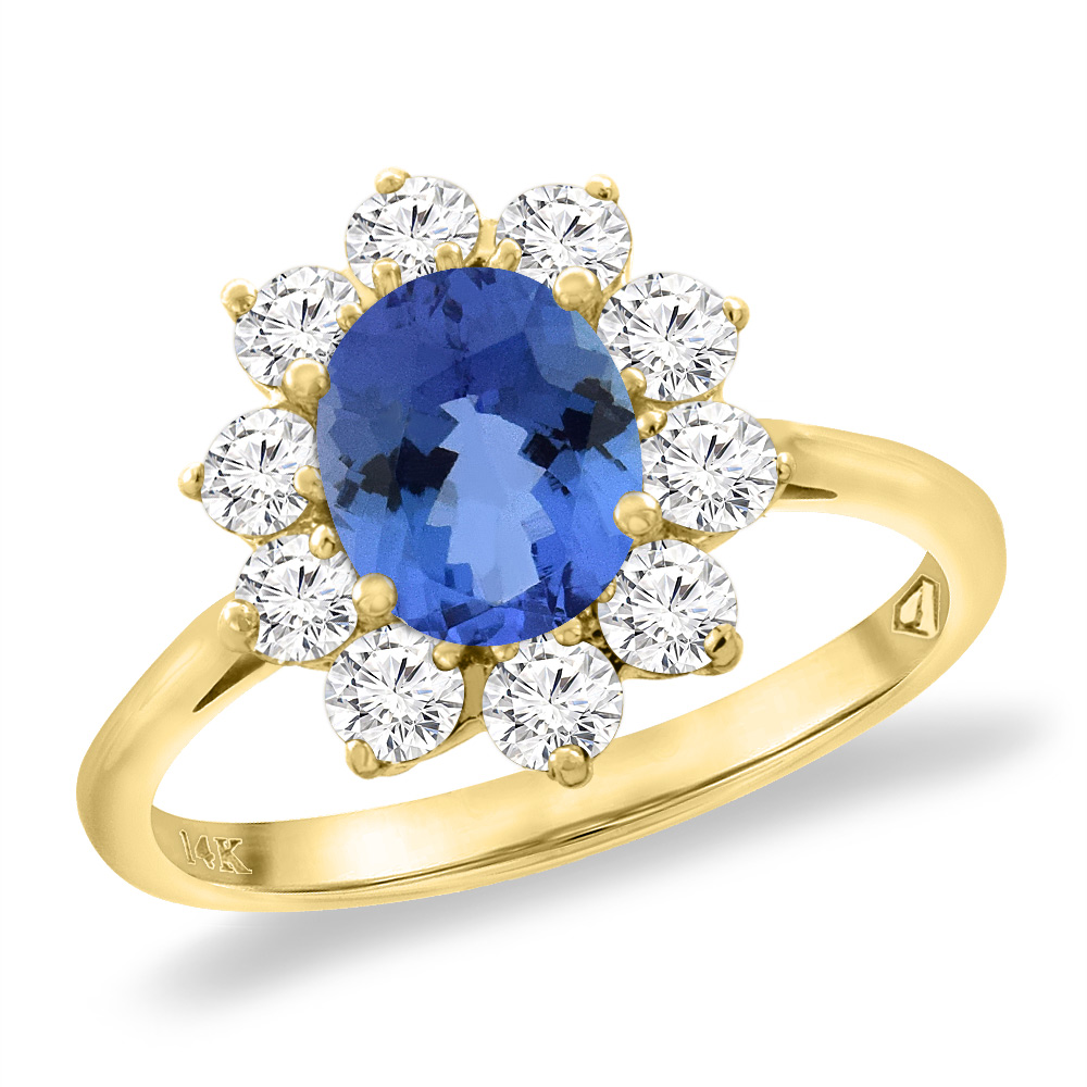 14K Yellow Gold Diamond Natural Tanzanite Engagement Ring Oval 8x6 mm, sizes 5 -10