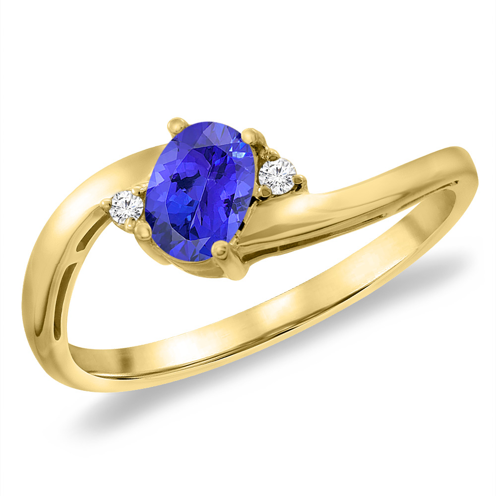 14K Yellow Gold Diamond Natural Tanzanite Bypass Engagement Ring Oval 6x4 mm, sizes 5 -10