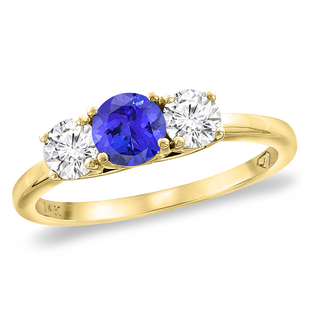 14K Yellow Gold Diamond Natural Tanzanite Engagement Ring 5mm Round, sizes 5 -10
