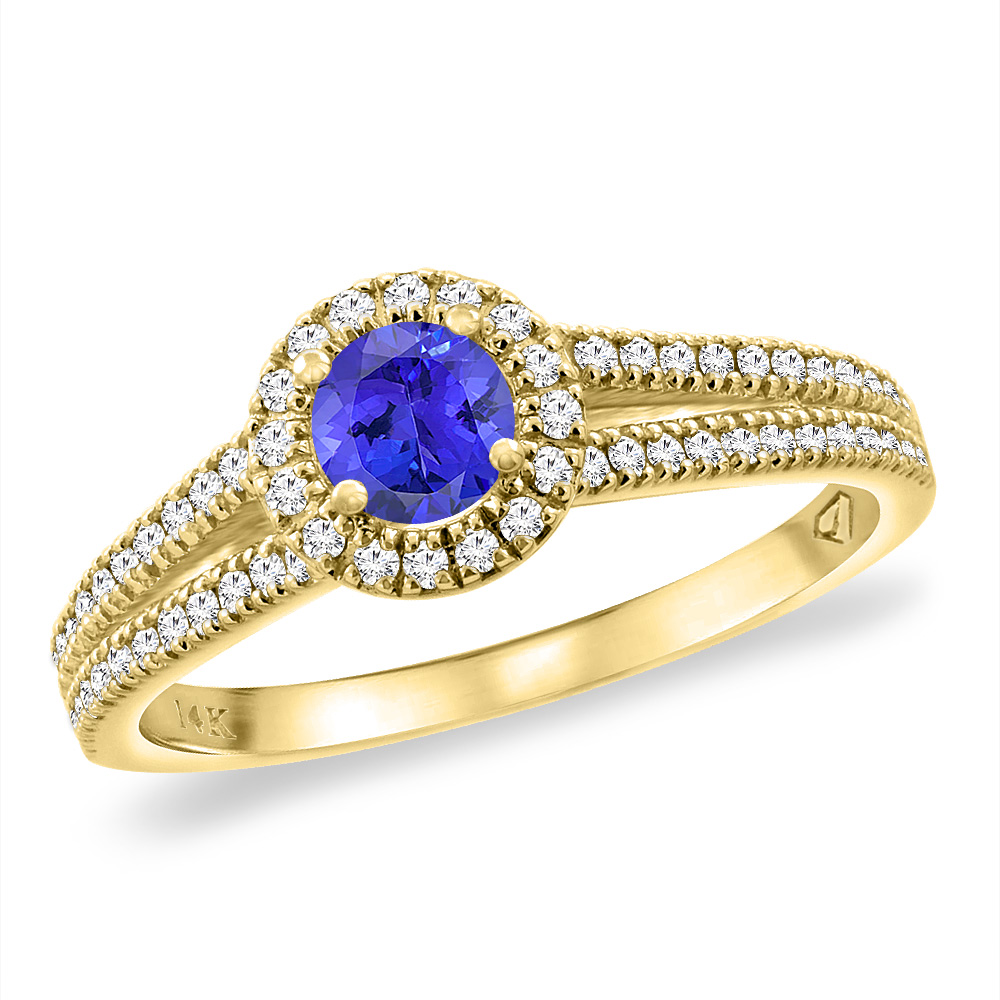 14K Yellow Gold Natural Tanzanite Split Shank Diamond Halo Engagement Ring 4mm Round, sizes 5 -10