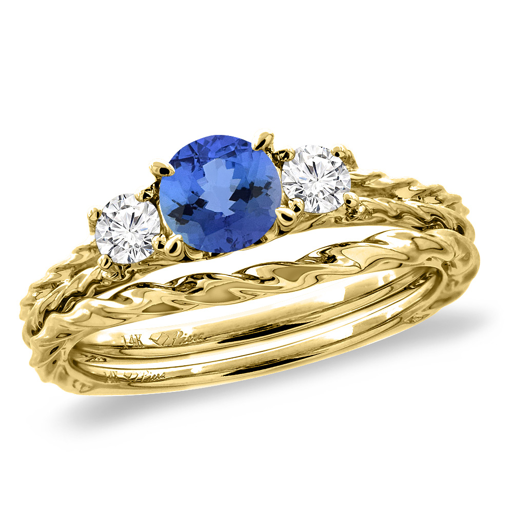 14K Yellow Gold Diamond Natural Tanzanite 2pc Engagement Ring Set Round 6mm Twisted, sizes 5-10
