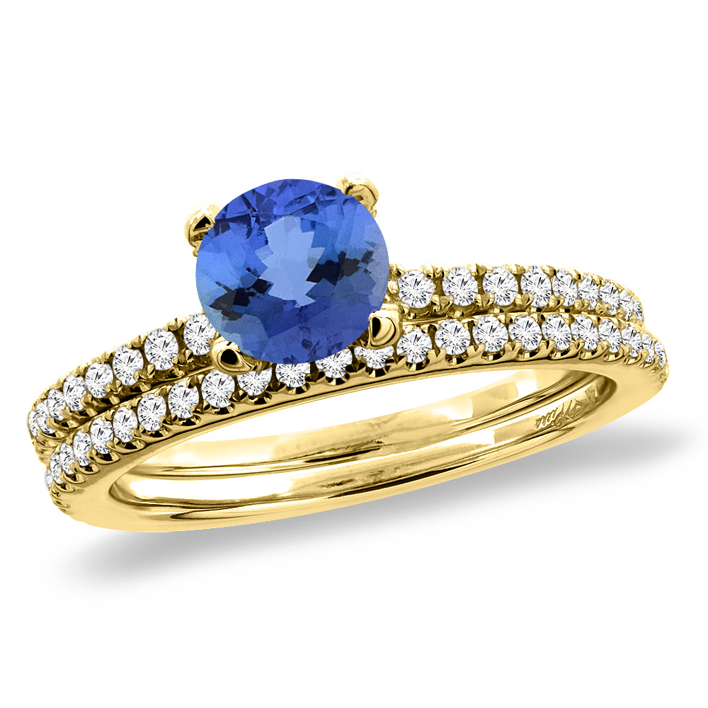14K Yellow Gold Diamond Natural Tanzanite 2pc Engagement Ring Set Round 5 mm, sizes 5-10