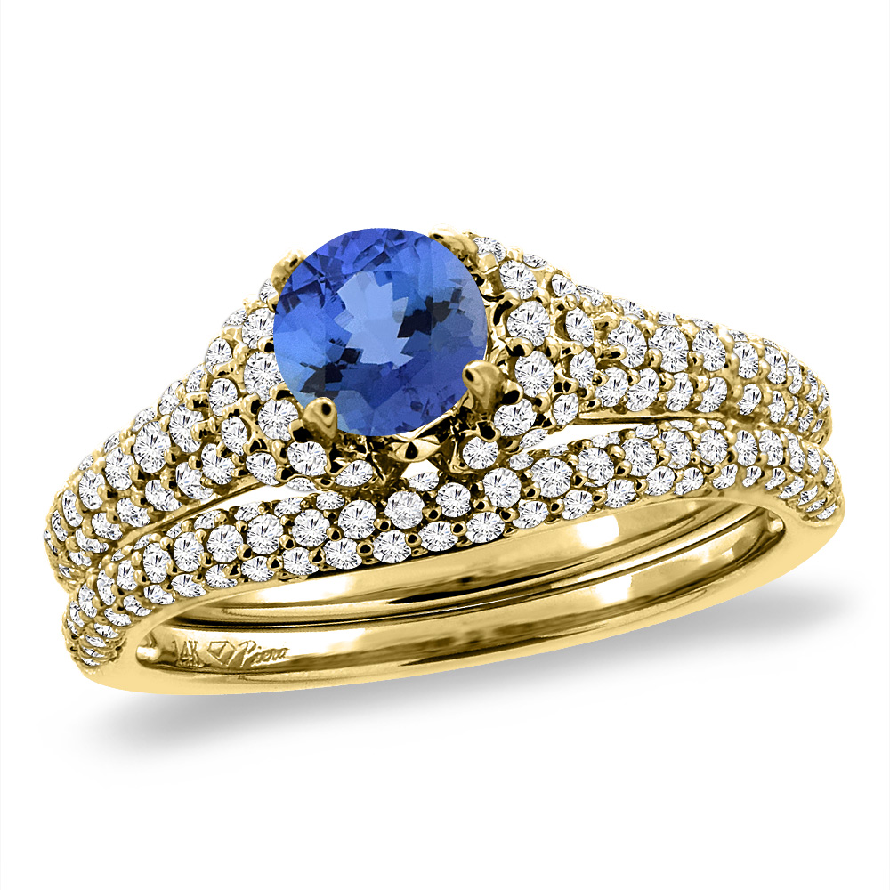 14K Yellow Gold Diamond Natural Tanzanite 2pc Engagement Ring Set Round 5 mm, sizes 5-10