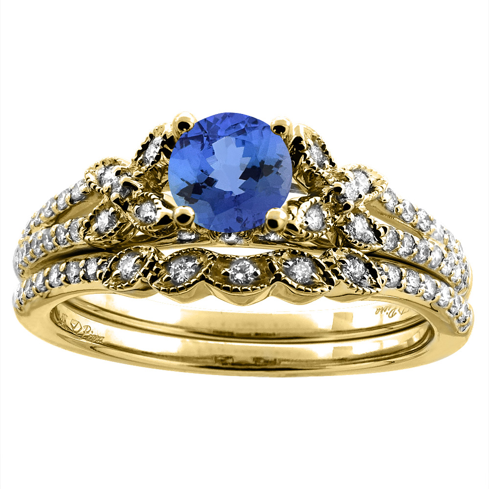 14K Yellow Gold Floral Diamond Natural Tanzanite 2pc Engagement Ring Set Round 5 mm, sizes 5-10