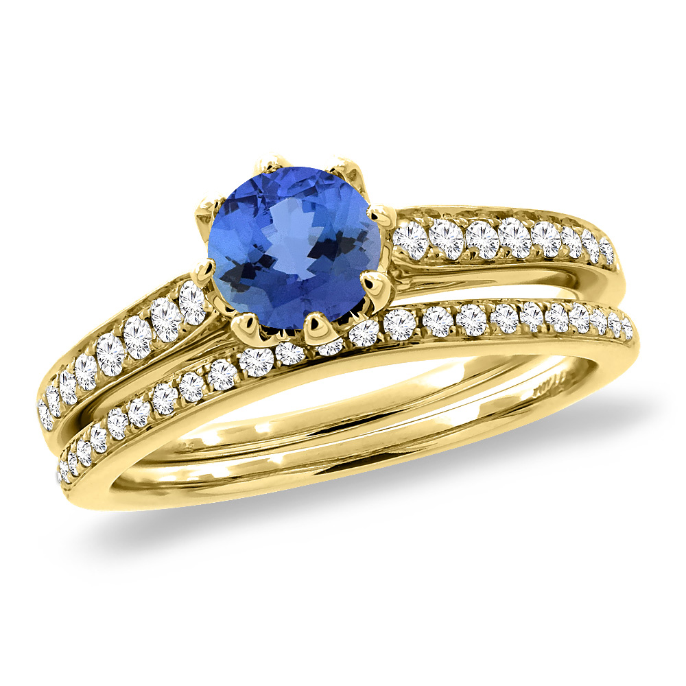 14K Yellow Gold Diamond Natural Tanzanite 2pc Engagement Ring Set Round 5 mm, sizes 5-10