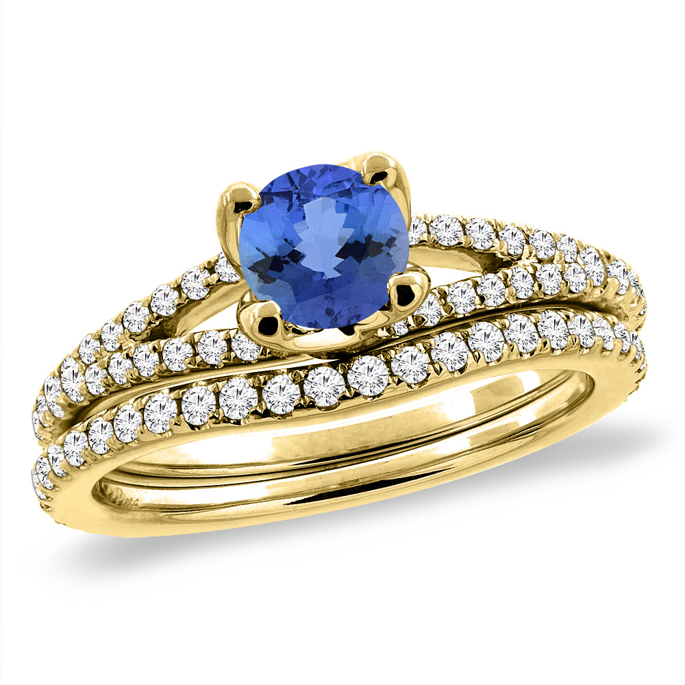 14K Yellow Gold Diamond Natural Tanzanite 2pc Engagement Ring Set Round 5 mm, sizes 5-10