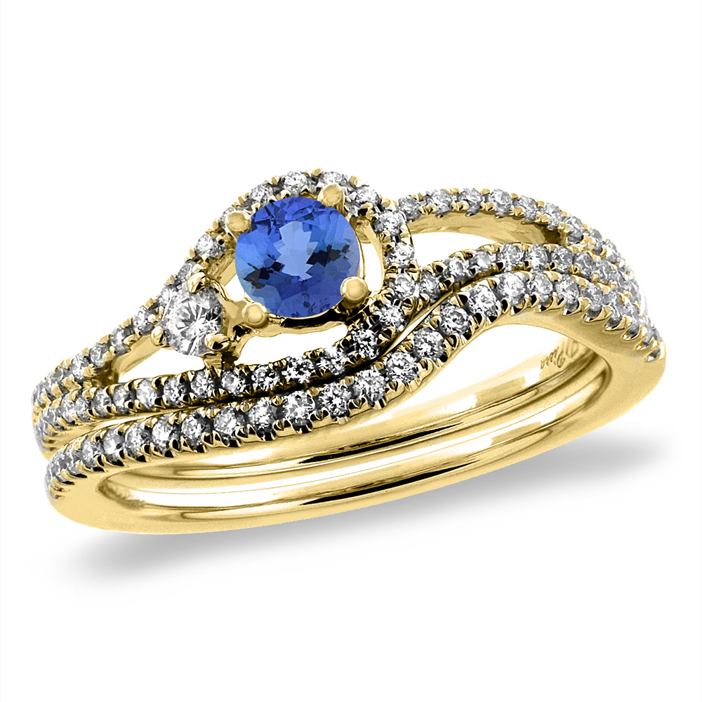 14K Yellow Gold Diamond Natural Tanzanite 2pc Engagement Ring Set Round 5 mm, sizes 5-10