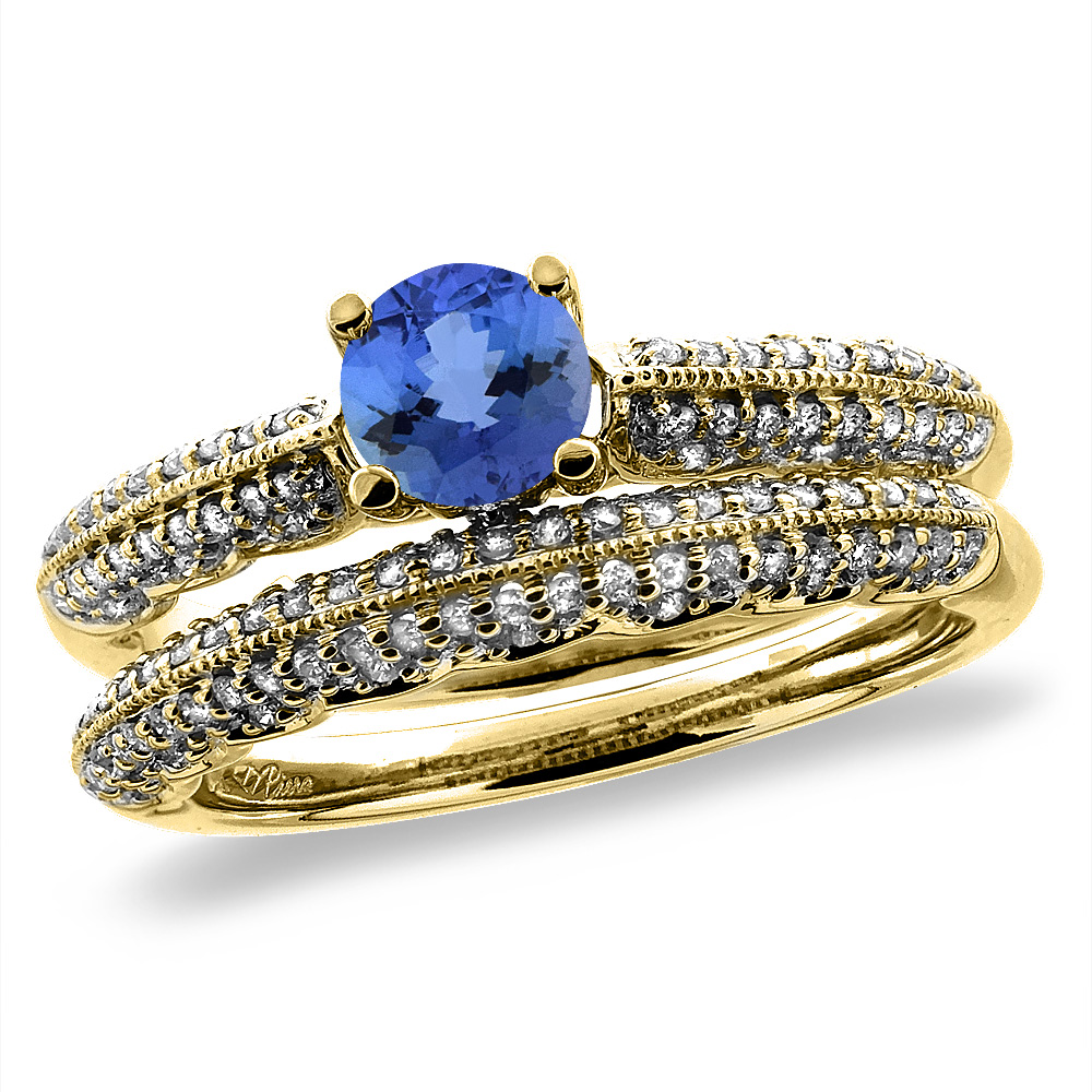 14K Yellow Gold Diamond Natural Tanzanite 2pc Engagement Ring Set Round 5 mm, sizes 5-10