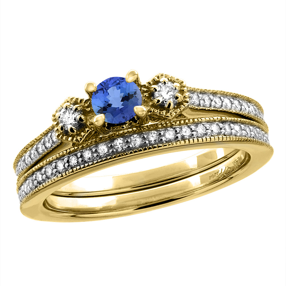 14K Yellow Gold Diamond Natural Tanzanite 2pc Engagement Ring Set Round 4 mm, sizes 5 - 10