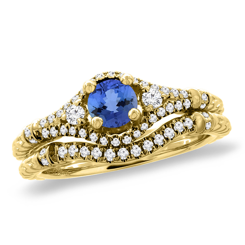 14K Yellow Gold Diamond Natural Tanzanite 2pc Engagement Ring Set Round 4 mm, sizes 5 - 10