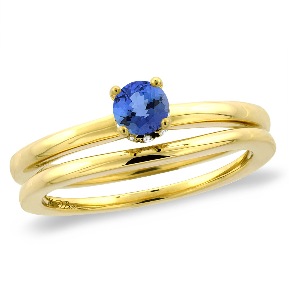 14K Yellow Gold Diamond Natural Tanzanite 2pc Solitaire Engagement Ring Set Round 4 mm, size5-10