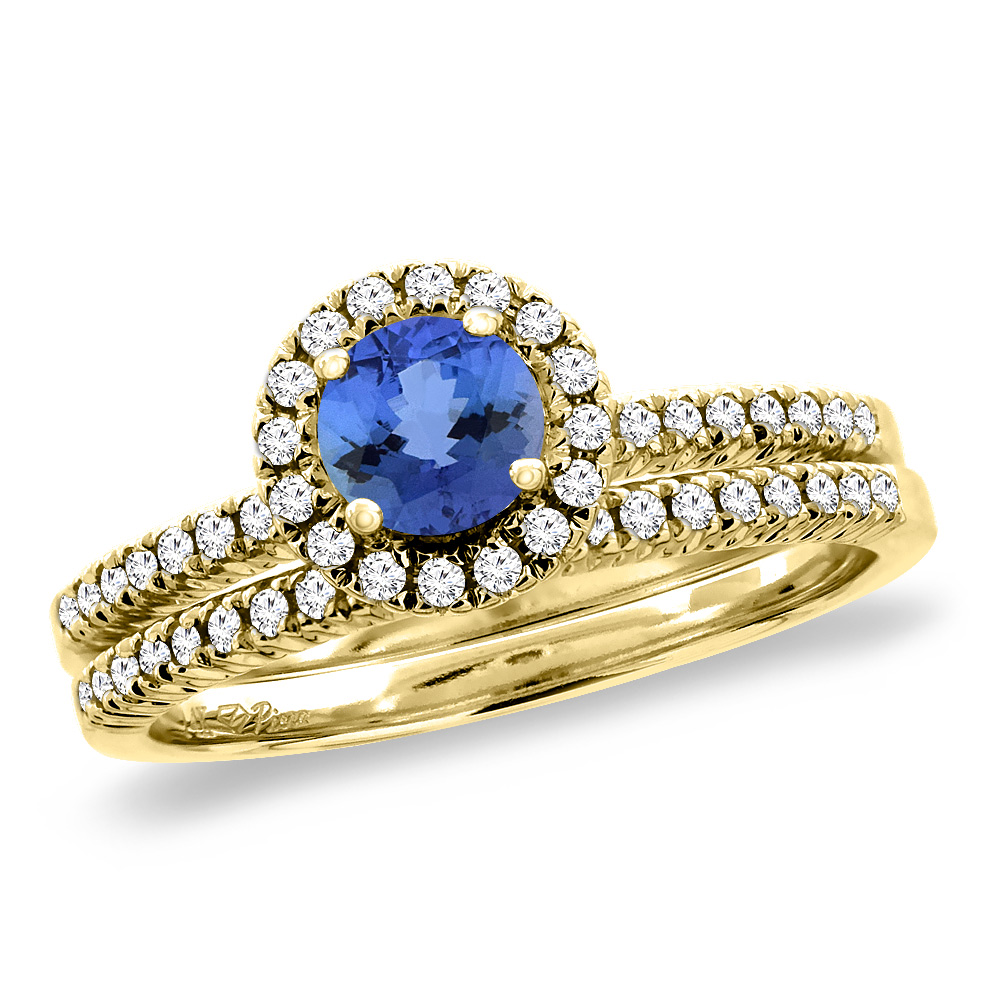 14K Yellow Gold Diamond Natural Tanzanite 2pc Halo Engagement Ring Set Round 4 mm, size5-10