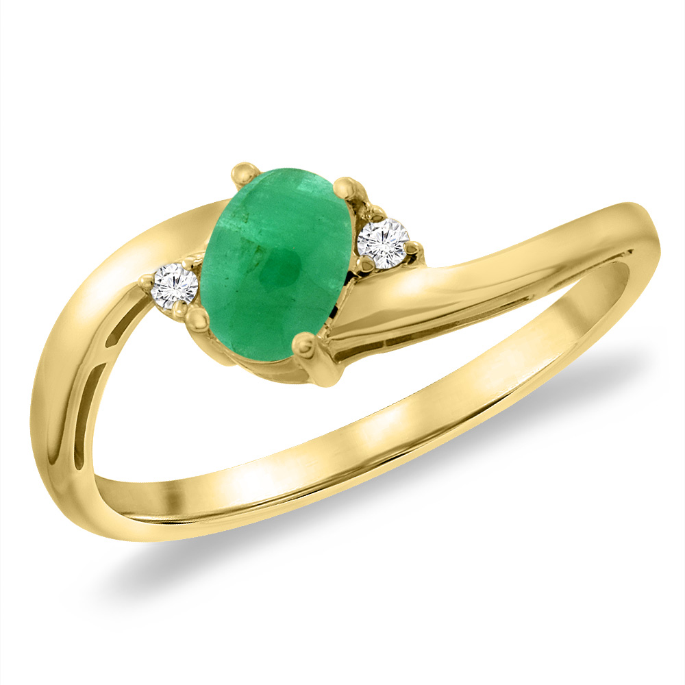 14K Yellow Gold Diamond Natural Cabochon Emerald Bypass Engagement Ring Oval 6x4 mm, sizes 5 -10