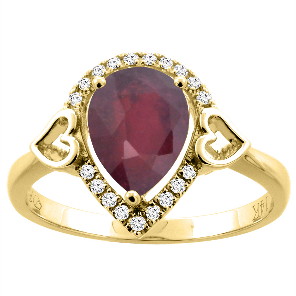 14K Gold Diamond Natural Quality Ruby Engagement Ring Pear Shape 9x7 mm, size 5 - 10