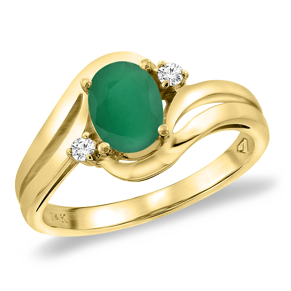 14K Yellow Gold Diamond Natural Quality Emerald Bypass Engagement Ring Oval 8x6 mm, size 5 -10
