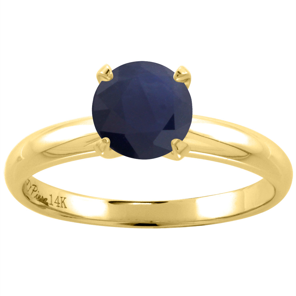 14K Yellow Gold Natural HQ Blue Sapphire Solitaire Engagement Ring Round 7 mm, sizes 5-10