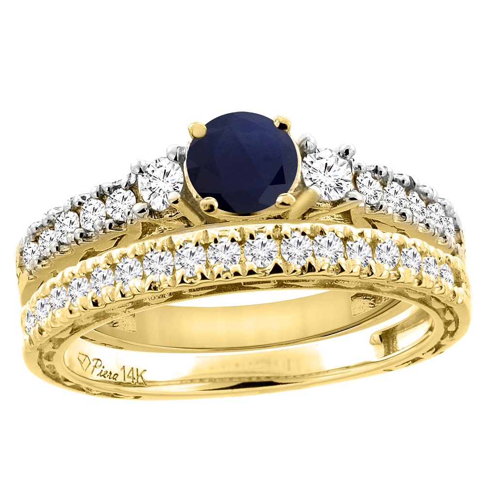 14K Yellow Gold Diamond Natural Quality Blue Sapphire 2pc Engagement Ring Set Round 6 mm, size5-10
