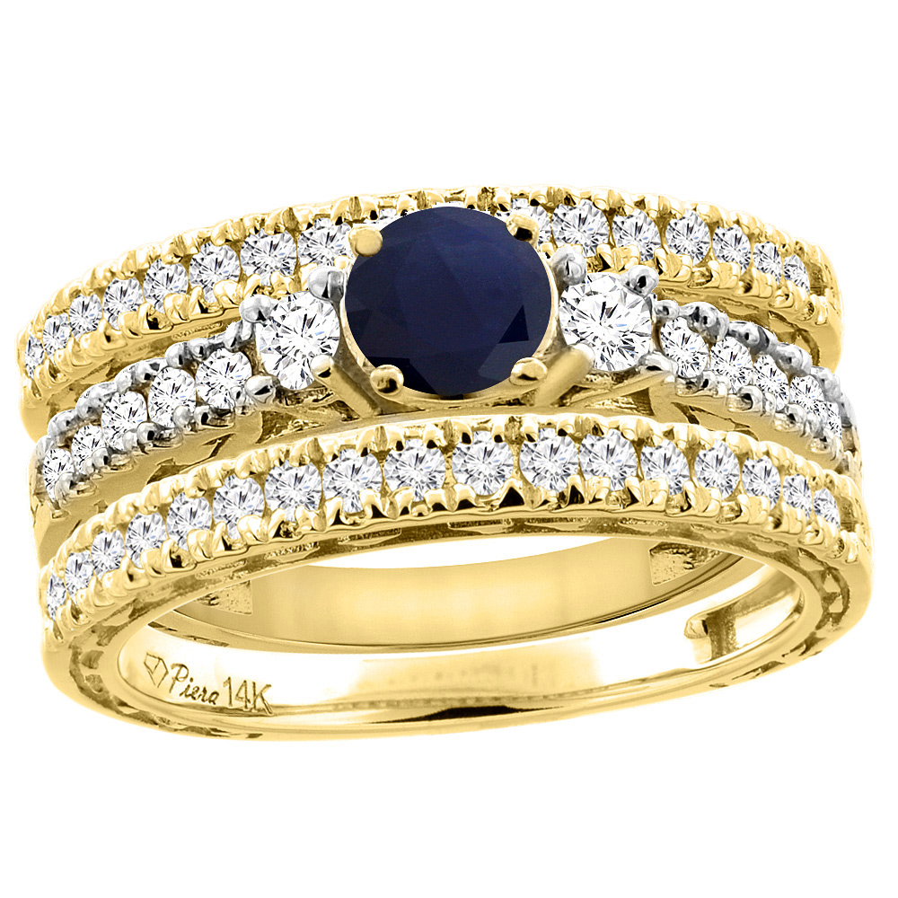 14K Yellow Gold Diamond Natural Quality Blue Sapphire 3pc Engagement Ring Set Round 6 mm, size5-10