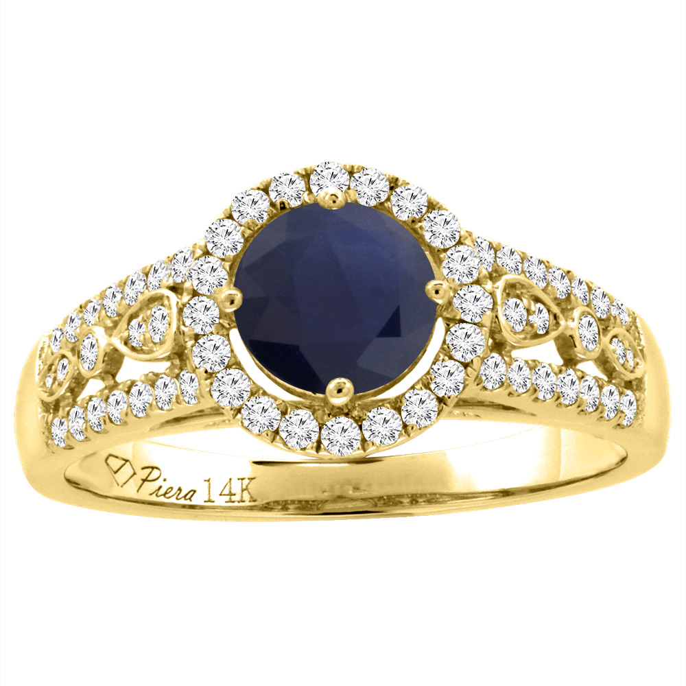 14K Yellow Gold Diamond Halo Natural Quality Blue Sapphire Engagement Engagement Ring Round 7 mm,size5-10