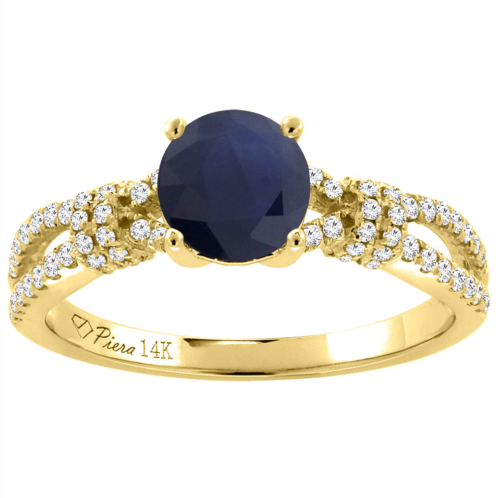 14K Yellow Gold Diamond Natural Quality Blue Sapphire Engagement Ring Round 7 mm, size 5-10
