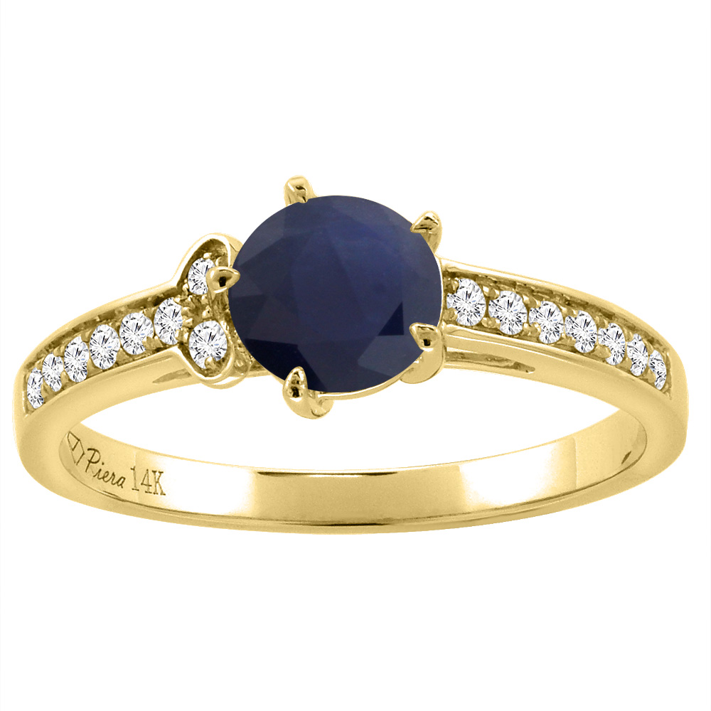 14K Yellow Gold Diamond Natural Quality Blue Sapphire Engagement Ring Round 7 mm, size 5-10