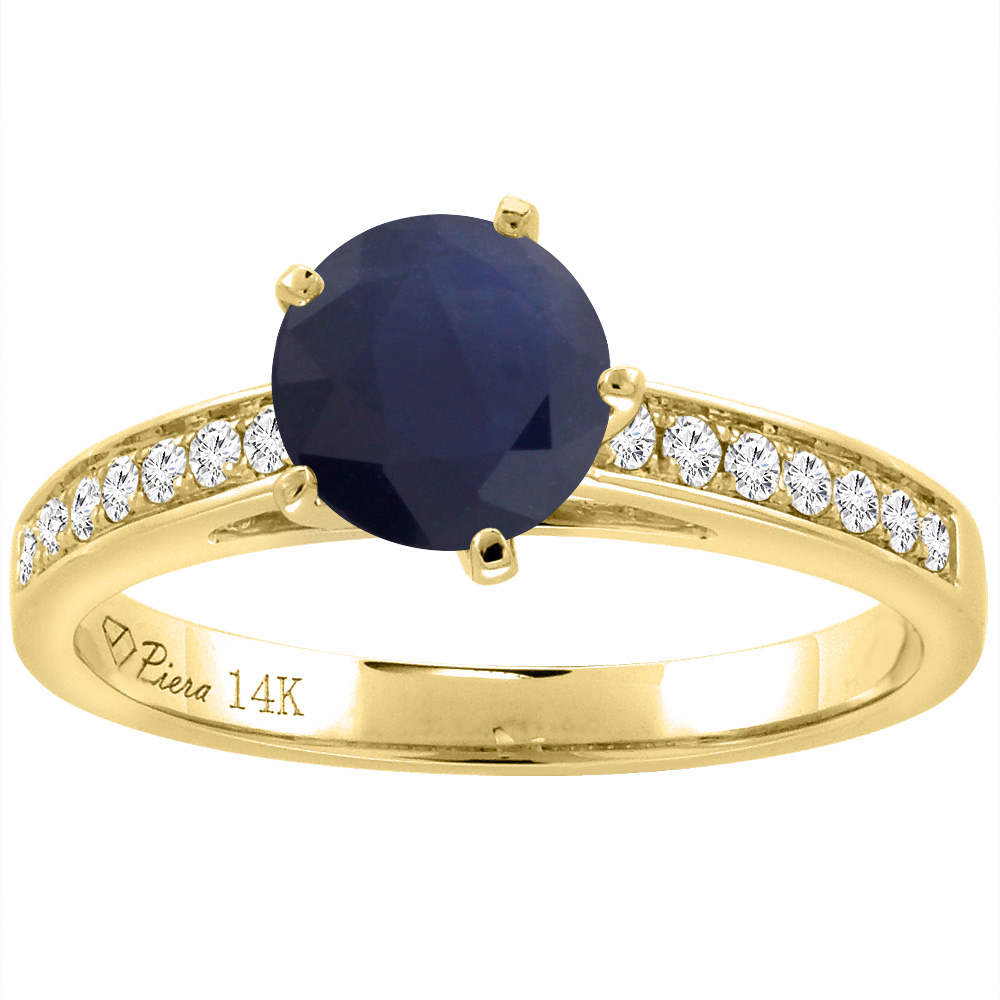 14K Yellow Gold Diamond Natural Quality Blue Sapphire Engagement Ring Round 7 mm, size 5-10