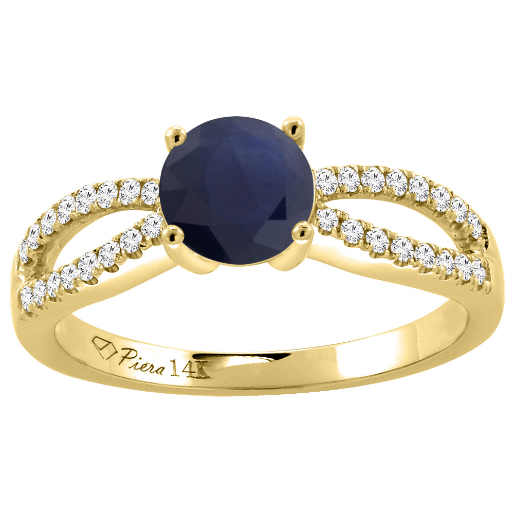 14K Yellow Gold Diamond Natural Quality Blue Sapphire Engagement Ring Round 7 mm, size 5-10