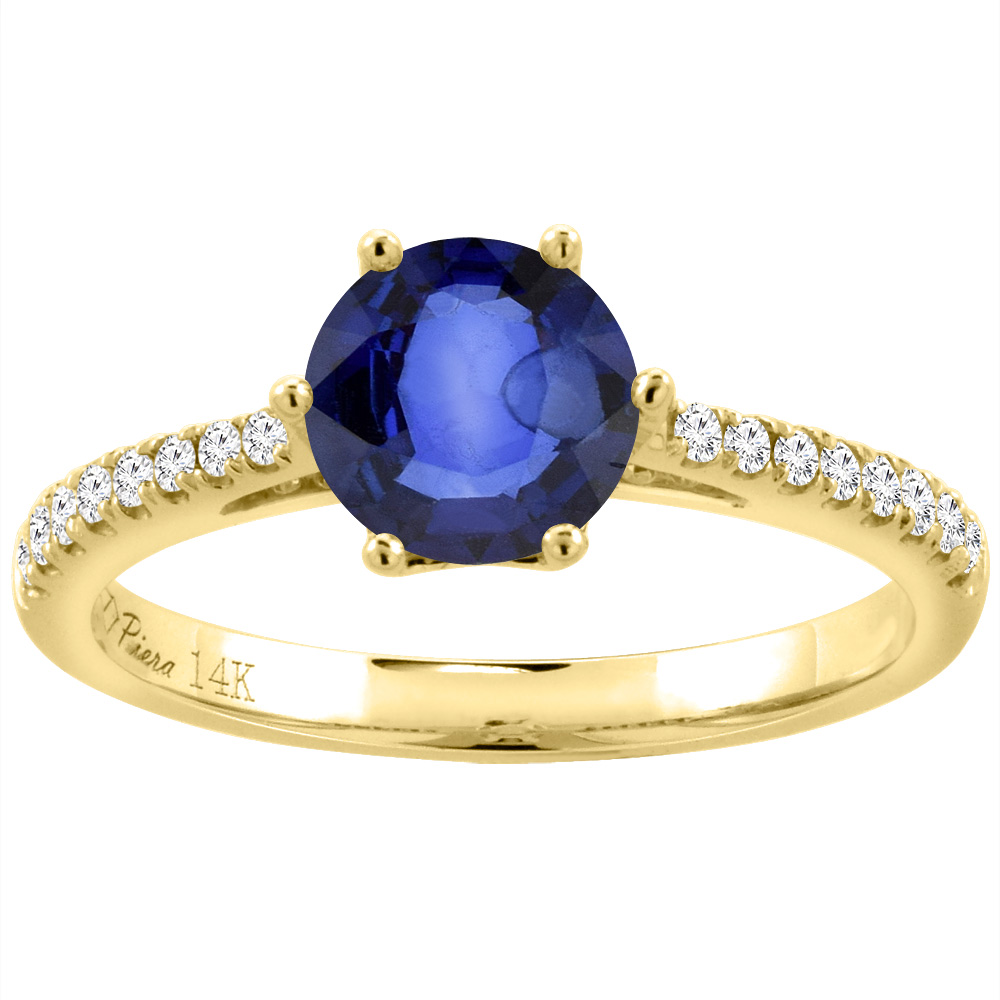 14K Yellow Gold Diamond Natural Quality Blue Sapphire Engagement Ring Round 7 mm, size 5-10