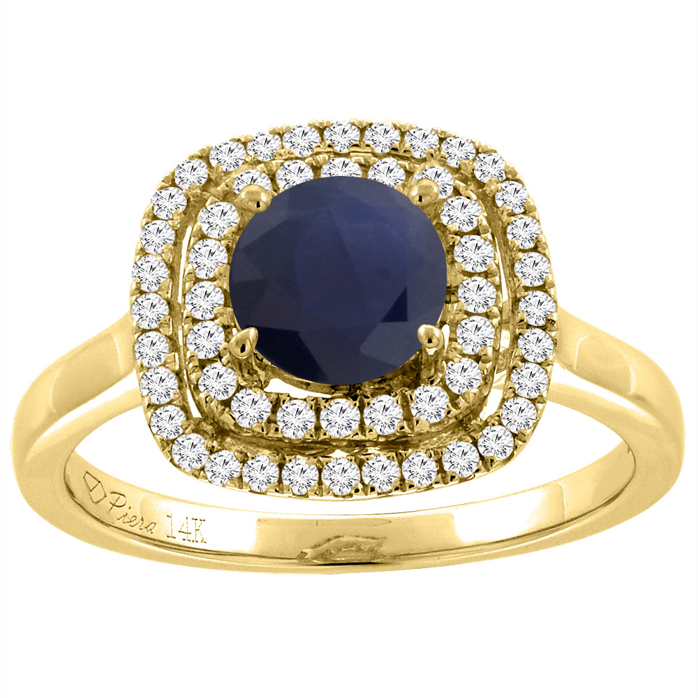 14K Yellow Gold Diamond Double HaloNatural Quality Blue Sapphire Engagement Ring Round 7 mm, size 5-10