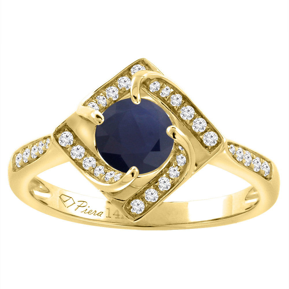 14K Yellow Gold Diamond Natural Quality Blue Sapphire Engagement Ring Round 7 mm, size 5-10
