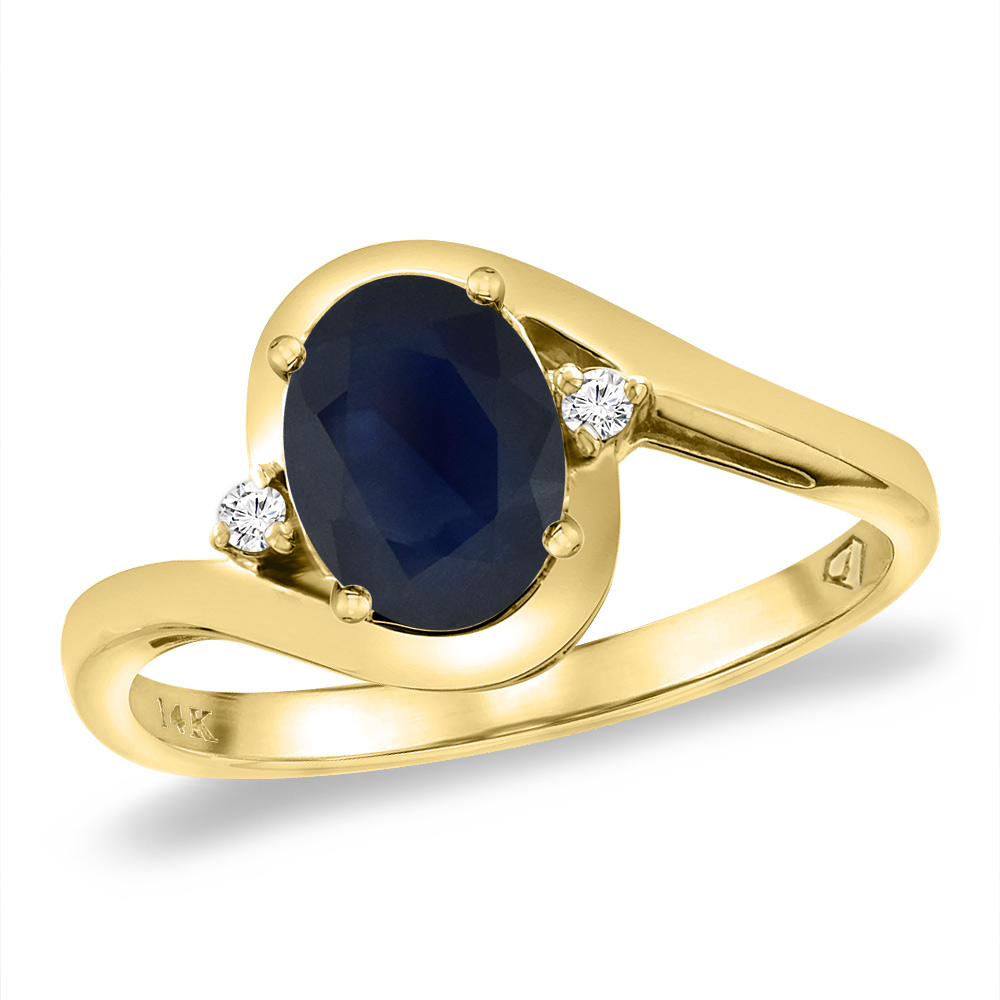 14K Yellow Gold Diamond Natural Quality Blue Sapphire Bypass Engagement Ring Oval 8x6 mm, size 5 -10