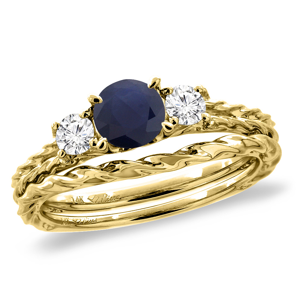 14K Yellow Gold Diamond Natural Ruby 2pc Engagement Ring Set Round 6mm Twisted, sizes 5-10
