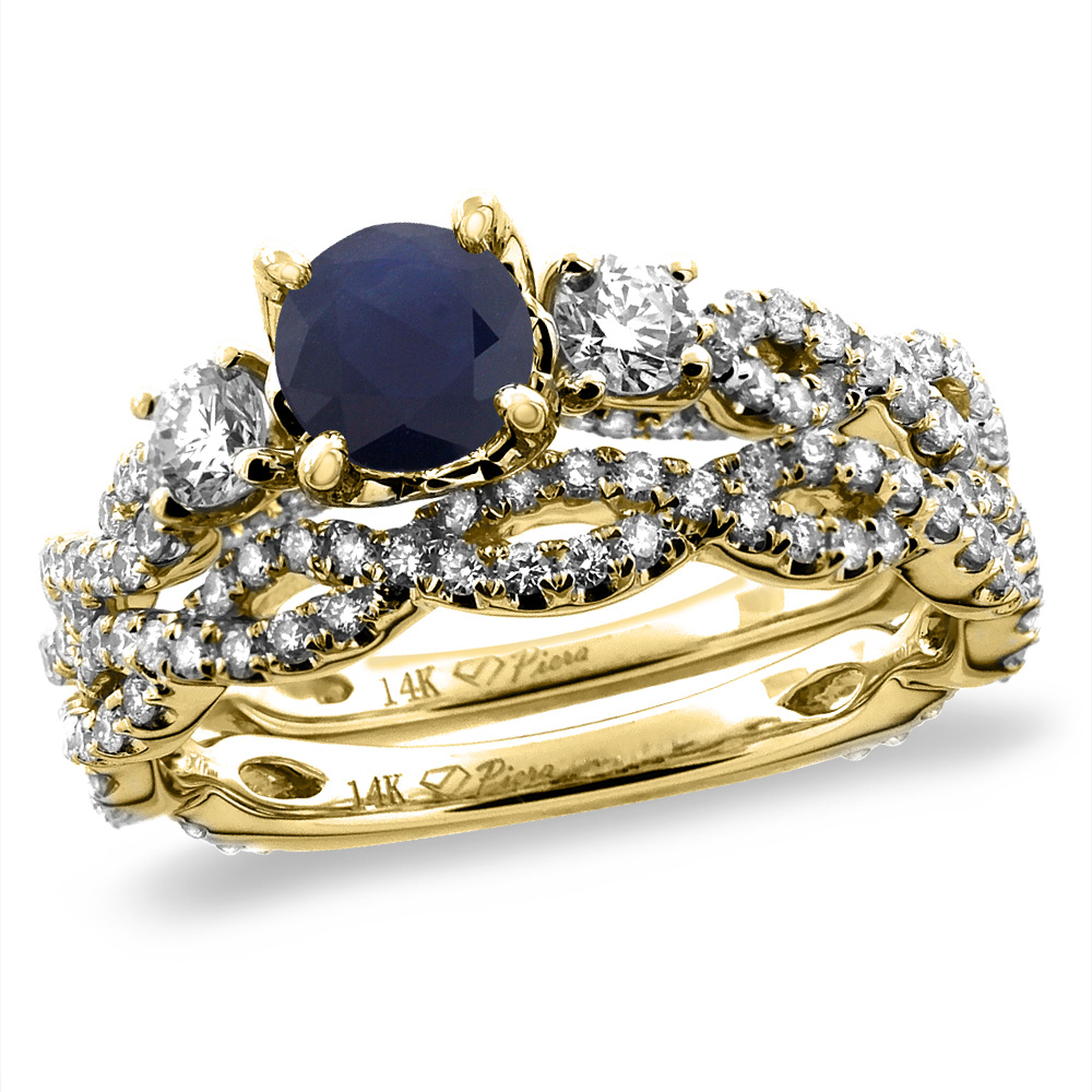 14K Yellow Gold Diamond Natural Quality Blue Sapphire 2pc Engagement Ring Set Round 5 mm, size 5-10