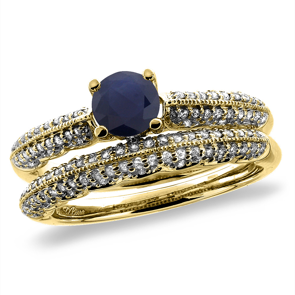 14K Yellow Gold Diamond Natural Quality Blue Sapphire 2pc Engagement Ring Set Round 5 mm, size 5-10