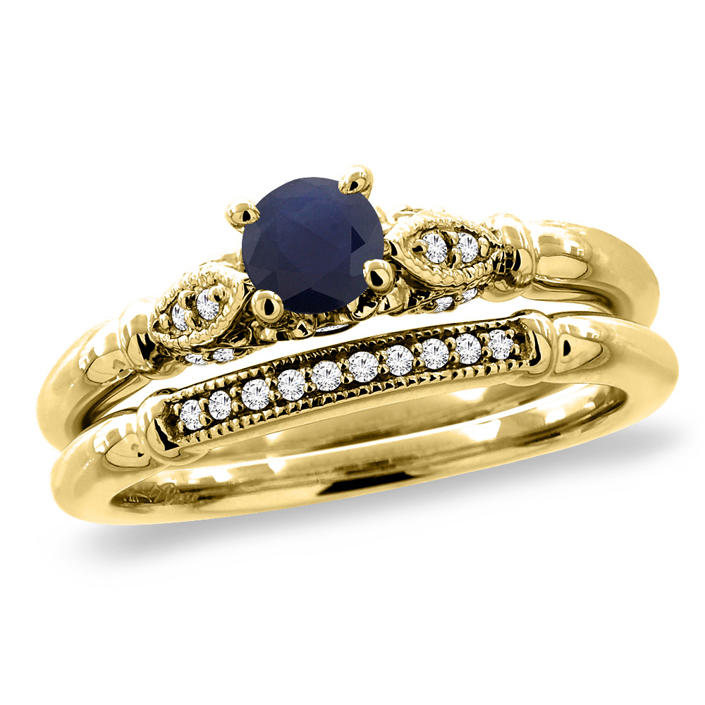 14K Yellow Gold Diamond Natural Ruby 2pc Engagement Ring Set Round 4 mm, sizes 5 - 10
