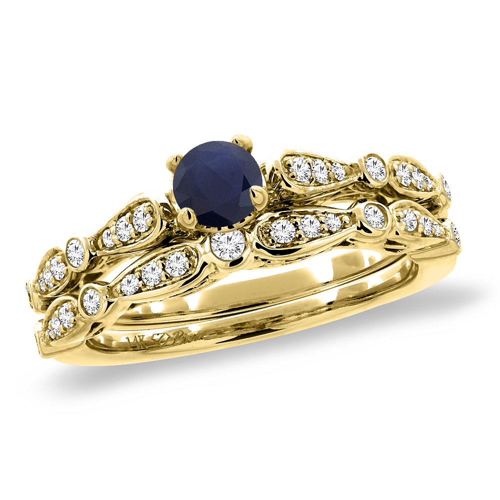 14K Yellow Gold Diamond Natural Ruby 2pc Engagement Ring Set Round 4 mm, size5-10