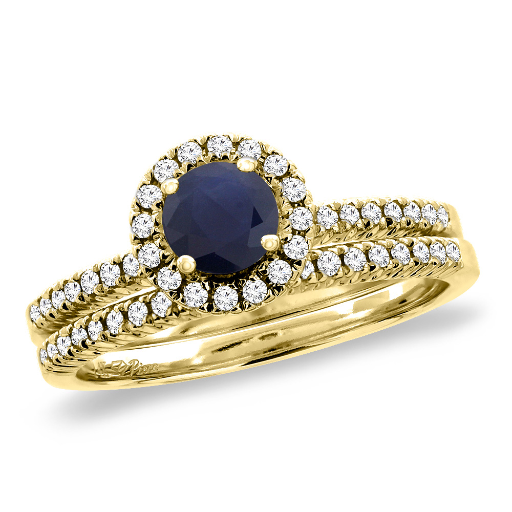 14K Yellow Gold Diamond Natural Ruby 2pc Halo Engagement Ring Set Round 4 mm, size5-10