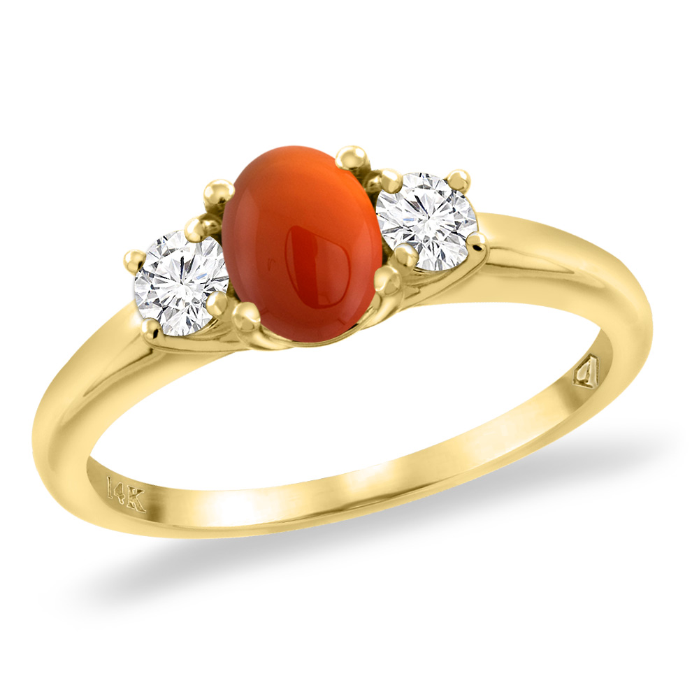 14K Yellow Gold Natural Brown Agate Engagement Ring Diamond Accents Oval 7x5 mm, sizes 5 -10