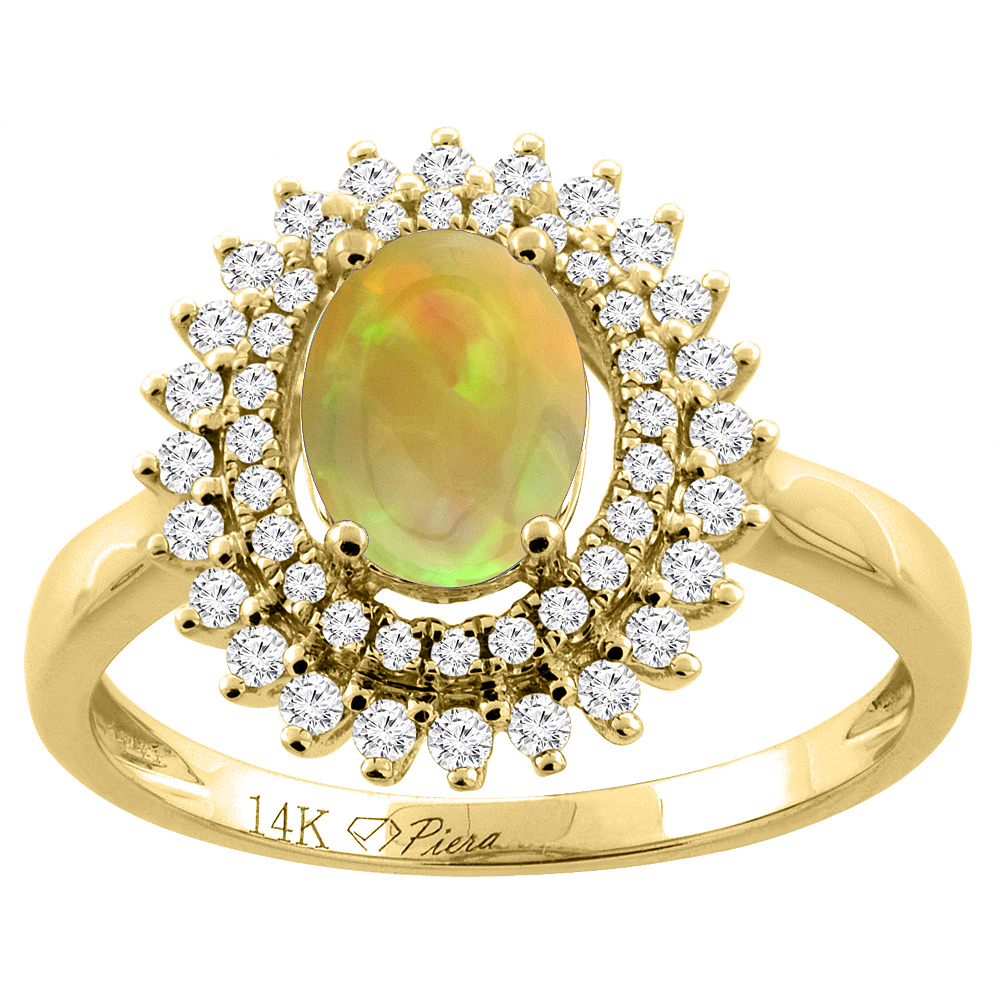 14K Gold Diamond Double Halo Natural Ethiopian Opal Engagement Ring Oval 8x6 mm, size 5 - 10
